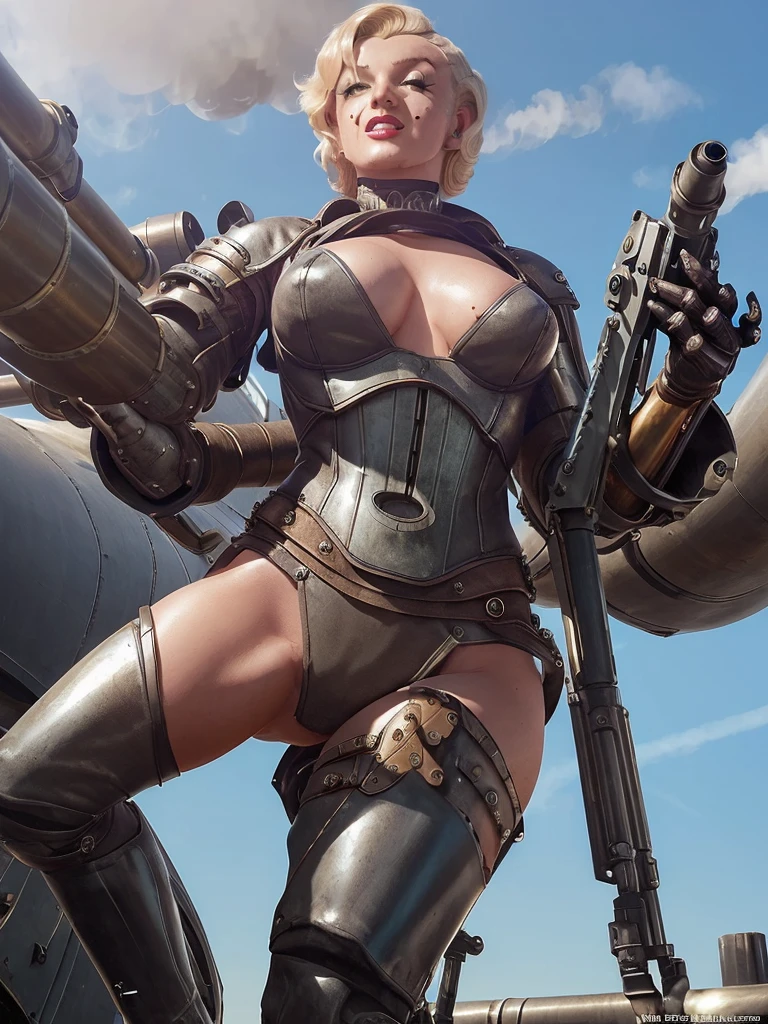 (Steampunk)(cybernetic Assassin woman (M_Monroe), 2 obviously steam driven limbs, seductive infiltration suit, big gun), airships berthed in drydock in background
