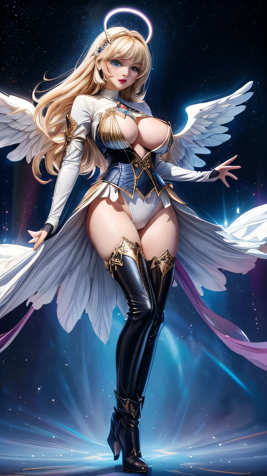 ((descending from sky))((majestic, Magnificent, celestial, floating above ground)) ((pale skin)) ((beauty smile)) ((posing innocent)) ((beautiful russian supermodel is a celestial angel)) ((Big bright blue eyes)), ((dark eyeshadows make up)) ((bright red lipstick)), ((with innocent gaze)) ((very long blonde hair)) ((big breast:1.5)) ((skinny body:1.3)) ((wears fantasy white corset)) ((tiny string thong bottom with gold ornament, long fabric tail)) ((long gloves, thigh high high heel boots)) ((halo of light over her head and behind her)), (((three pair of big white wings))) ((glowing magic sparks particles floating around))((with black sky background and white light reflectors on her)), ((high definition:1.5), ((amazing lights and shadows)) ((masterpiece:1.5))((8k:1.5)) ((Best quality:1.4)), more_details:-1, more_details:0, more_details:0.5, more_details:1, more_details:1.5, more prism, vibrant color,