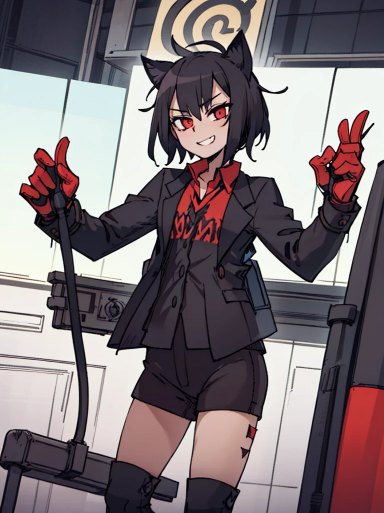 Score_9, score_8_up, score_7_up, score_6_up, gyaru, source_アニメ, 1girl, 独奏, standing position scratching the spectator, a cat woman, with cat ears, sharped teeth, a black suit, crazy and malicious smile, olhar malicioso, short and spiky hair, sharp fingernails, smiling.