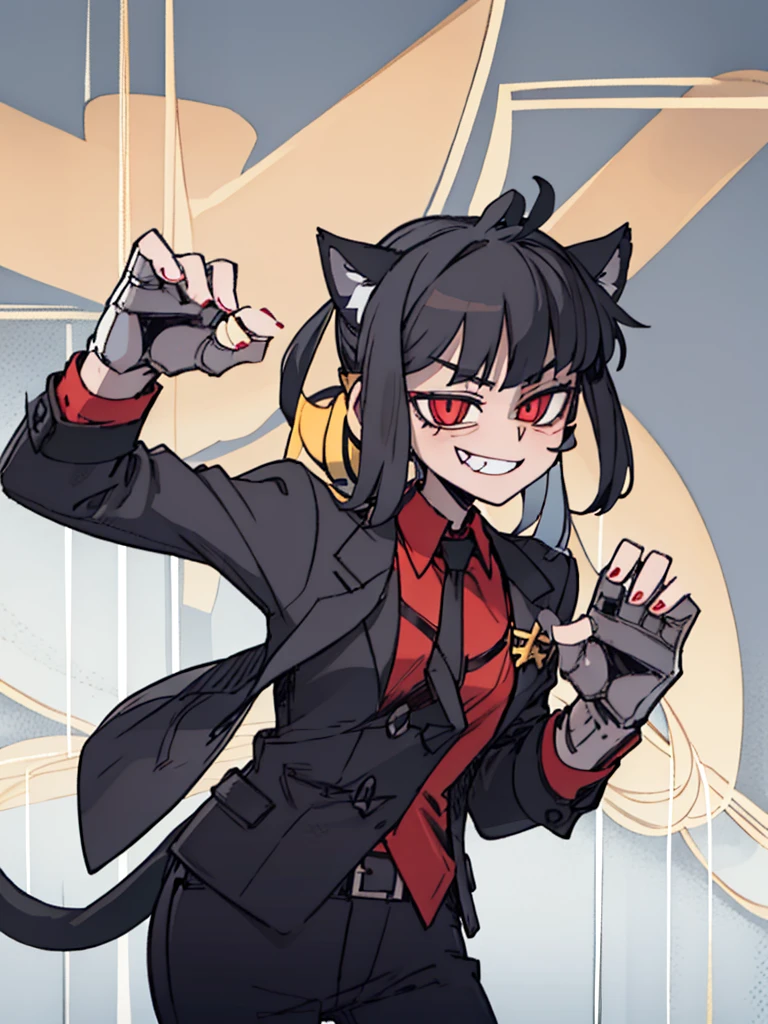 Score_9, score_8_up, score_7_up, score_6_up, gyaru, source_アニメ, 1girl, 独奏, standing position scratching the spectator, a cat woman, with cat ears, sharped teeth, a black suit, crazy and malicious smile, olhar malicioso, short and spiky hair, sharp fingernails, smiling.