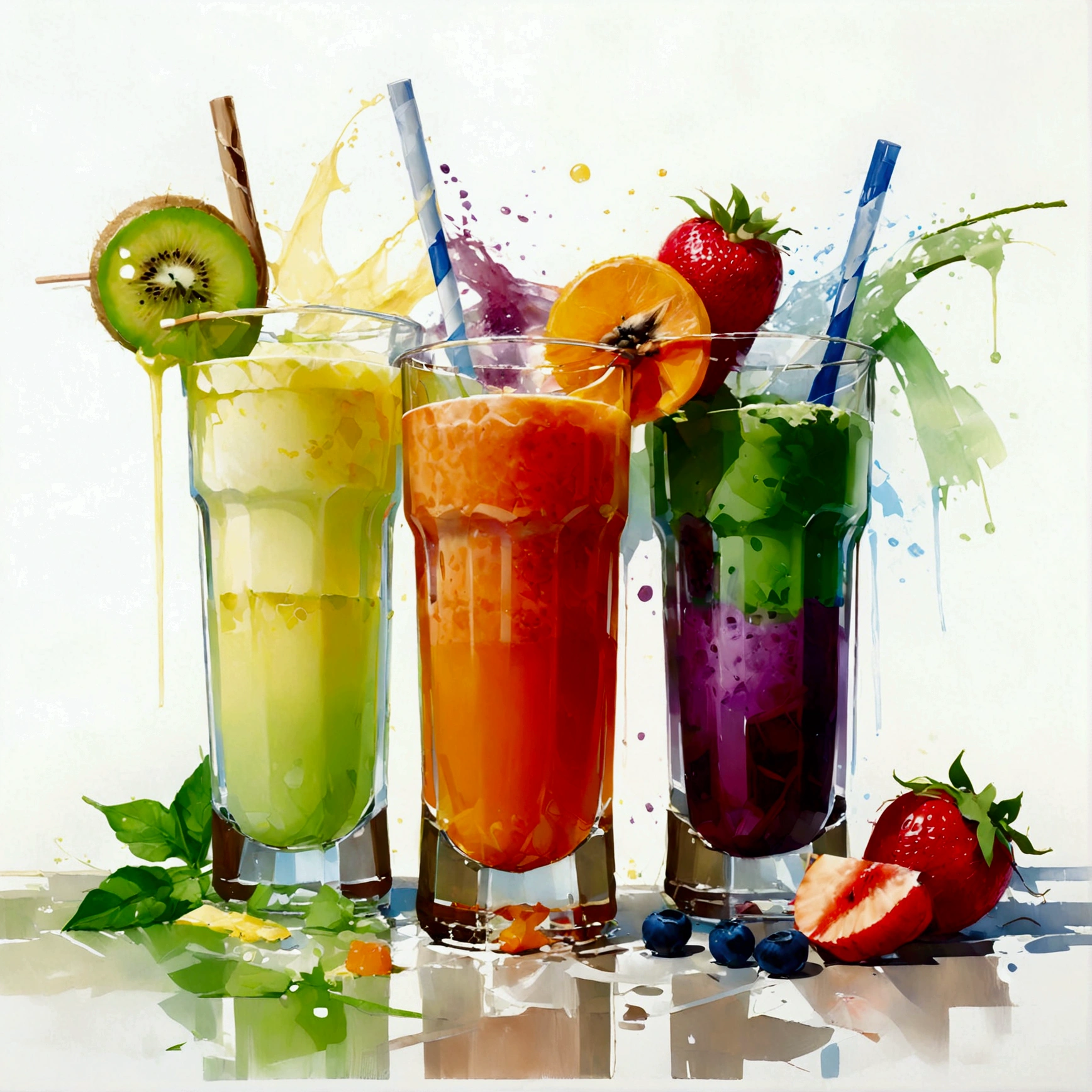 here are two types of colorful healthy drinks, two glasses, the glasses sitting on a surface, juices, smoothie and infused water , illustration, isolated with solid white background, surrounded with negative space, centered composition, highest detailed painting, very precise line, Isolated, clear (((solid white background))), perspective angle of view, (lora:add-detail-xl:0), (masterpiece), (best quality), oil and watercolor painting