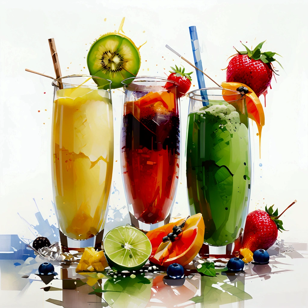 here are two types of colorful healthy drinks, two glasses, the glasses sitting on a surface, juices, smoothie and infused water , illustration, isolated with solid white background, surrounded with negative space, centered composition, highest detailed painting, very precise line, Isolated, clear (((solid white background))), perspective angle of view,  (lora:add-detail-xl:0), (masterpiece), (best quality),  oil and watercolor painting