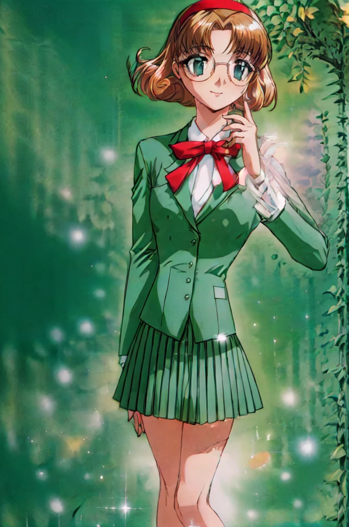 fuu hououji,1girl,short , (full body:1.4), (standing:1.4), hair,light brown hair,Glasses,((red hairband)),green blazer,mini skirt,green high heels,smile,masterpiece,Noise Reduction,perfect anatomy,high resolution, ultra-detailed,game cg,dutch angle ,beautiful detailed eyes,visualart,five fingers, perfect hands, perfect lighting,Indoor, living room