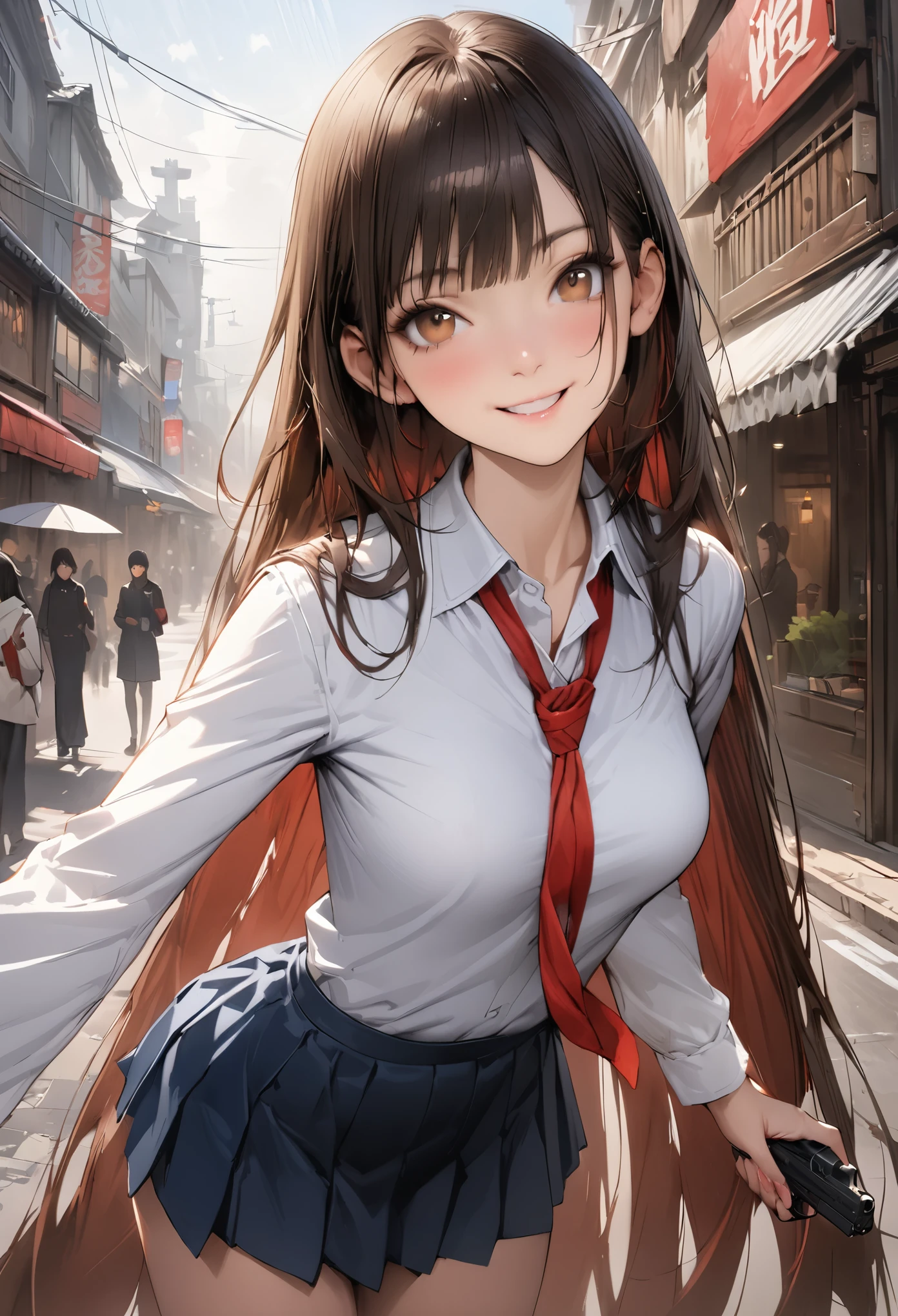 (A detailed depiction of a woman holding a handgun)、((masterpiece,Highest quality:1.3,best quality illustration,realistic:1.3)),cowboy shot,独奏,1woman,(18-year-old、Japanese Beauty),dark brown hair,long hair,bangs,brown eyes,gorgeous eyes,(very small head:1.3),smile,(very long body:1.2,skinny),medium breasts,(Red ribbon tie、White long sleeve collared shirt、Navy blue pleated mini skirt),gleaming skin,toned body,slender body,standing,on street,neon、