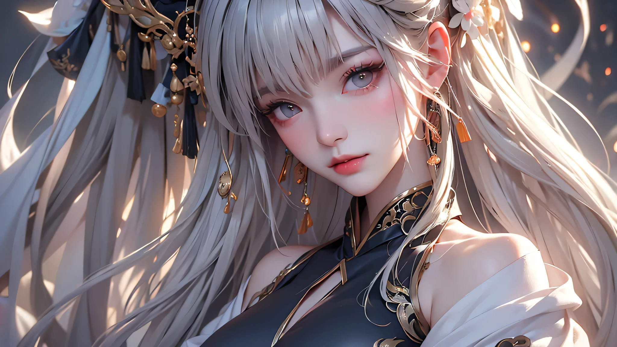 super high quality, masterpiece, Perfect illustration, Very detailed (Exquisite light and shadow, Very dramatic photo,Backlight) , ((Gray Hair:1.5))1 Girl,(( alone:1.6)), (Wearing Han clothes, Black and white Hanfu,Monotony,Long sleeve)  (White smoke:1.3) (Realistic:1.4), Official Art, unity 8k wallpaper, Very detailed, Beautiful and beautiful, masterpiece, Highest quality, (Dynamic Angle: 1.4), Glowing Skin, (Floating colorful flashes: 1) The most beautiful chaotic shapes, elegant, Brutalist Design, Bright colors, Romantic Depth of Field Exotic_dance, half_naked、Expose your shoulders、Ample breasts、Great cleavage、Lean forward
