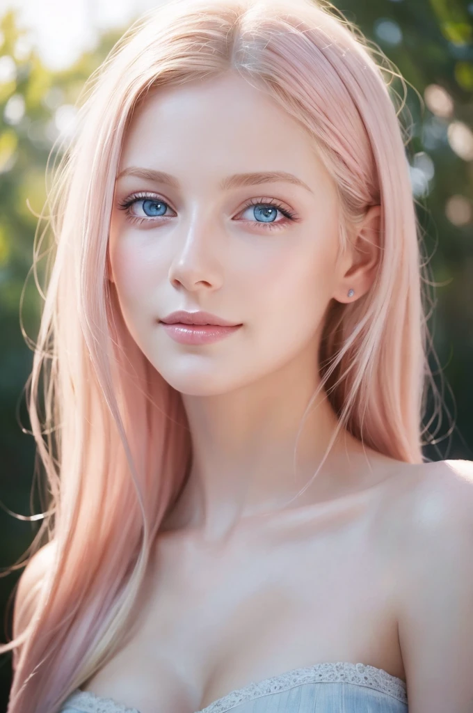 Soft portrait of a beautiful blonde woman, Flowing light pink hair, Captivating blue eyes, Delicate features, A radiant smile, Natural Makeup, Elegant attire, Gentle expression, A faint blush, Warm skin tones, Fantastic lighting, Soft Shadows, High resolution digital painting, Realistic Style, Artistic interpretation, By a skilled portrait painter.