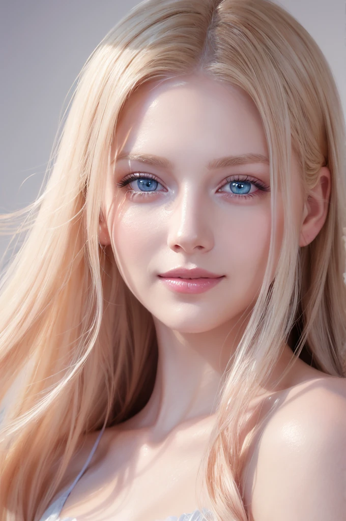 Soft portrait of a beautiful blonde woman, Flowing light pink hair, Captivating blue eyes, Delicate features, A radiant smile, Natural Makeup, Elegant attire, Gentle expression, A faint blush, Warm skin tones, Fantastic lighting, Soft Shadows, High resolution digital painting, Realistic Style, Artistic interpretation, By a skilled portrait painter.