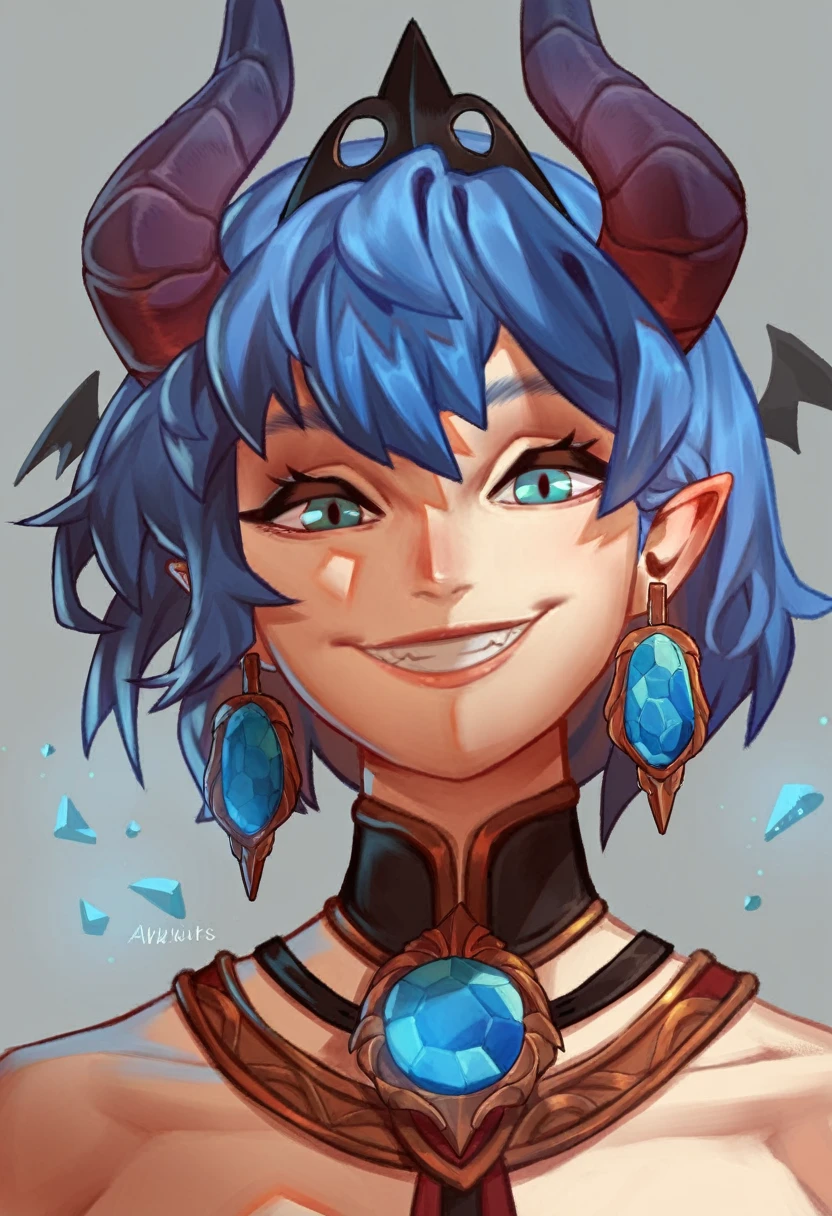 Best Quality, Masterpiece, high resolution, Alone, {yue_lapis lazuli lights:0.90}, devil_SMILE, devil_SMILE, SMILE, portrait, looking at the viewer