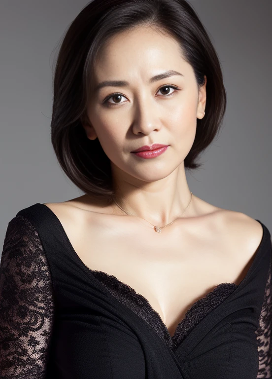 masterpiece,best quality, (1 milf), ((portrait:1.5)), ((gaze:-1)), makeup, elegant black shirt, touch own chest, ((seduction expression)),