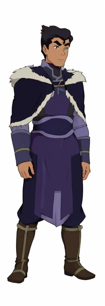 African-American, Bolin, water tribe traditional clothing mixed of blue and purple, with fur in shoulders and neck. Long sleeve, skinny, water tribe outfit. A dark blue or black high-collared sleeveless robe or tunic
A purple tabard or overtunic with lighter purple trim
A white fur-trimmed cape or cloak over the shoulders, fastened with a metal clasp
Black pants or leggings
Black boots that come up to just below the knee
A dark wristband or bracelet on one wrist

The character has dark skin, short black hair, and a serious expression. The outfit appears to be a mix of formal and practical styles, possibly indicating a character of some authority or importance in an animated series or film. The color scheme is primarily dark blues, purples, and black, with the white fur trim providing contrast.