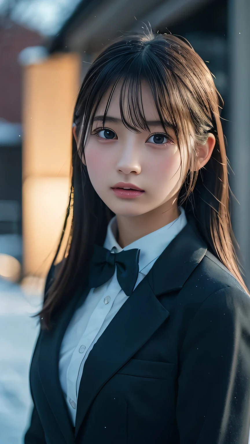 wearing 1girl, high school student, winter, tall, slender, long neck, , beautiful detailed eyes, beautiful detailed lips, extremely detailed face, long eyelashes, elegant pose, standing in a snowy school courtyard, (best quality,4k,8k,highres,masterpiece:1.2),ultra-detailed,(realistic,photorealistic,photo-realistic:1.37),intricate details, vibrant colors, warm lighting, soft focus, cinematic composition, Cosplay to wear the uniform of high school, (black blazer, green bow tie )
