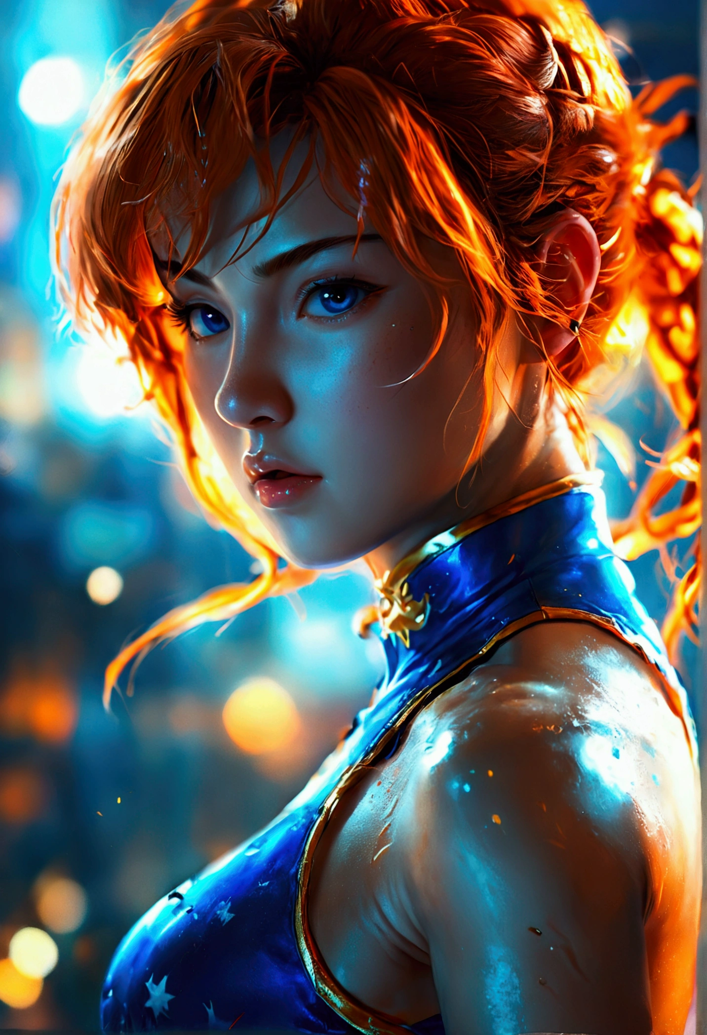 (best qualityer,8K,cinematic light,ultra-high resolution:1.2),chibi,whole body,1 girl,Chun-Li,Americans,curls,hair orange,athlete,blue clothing,simple background, neglect of nipples, age 6 