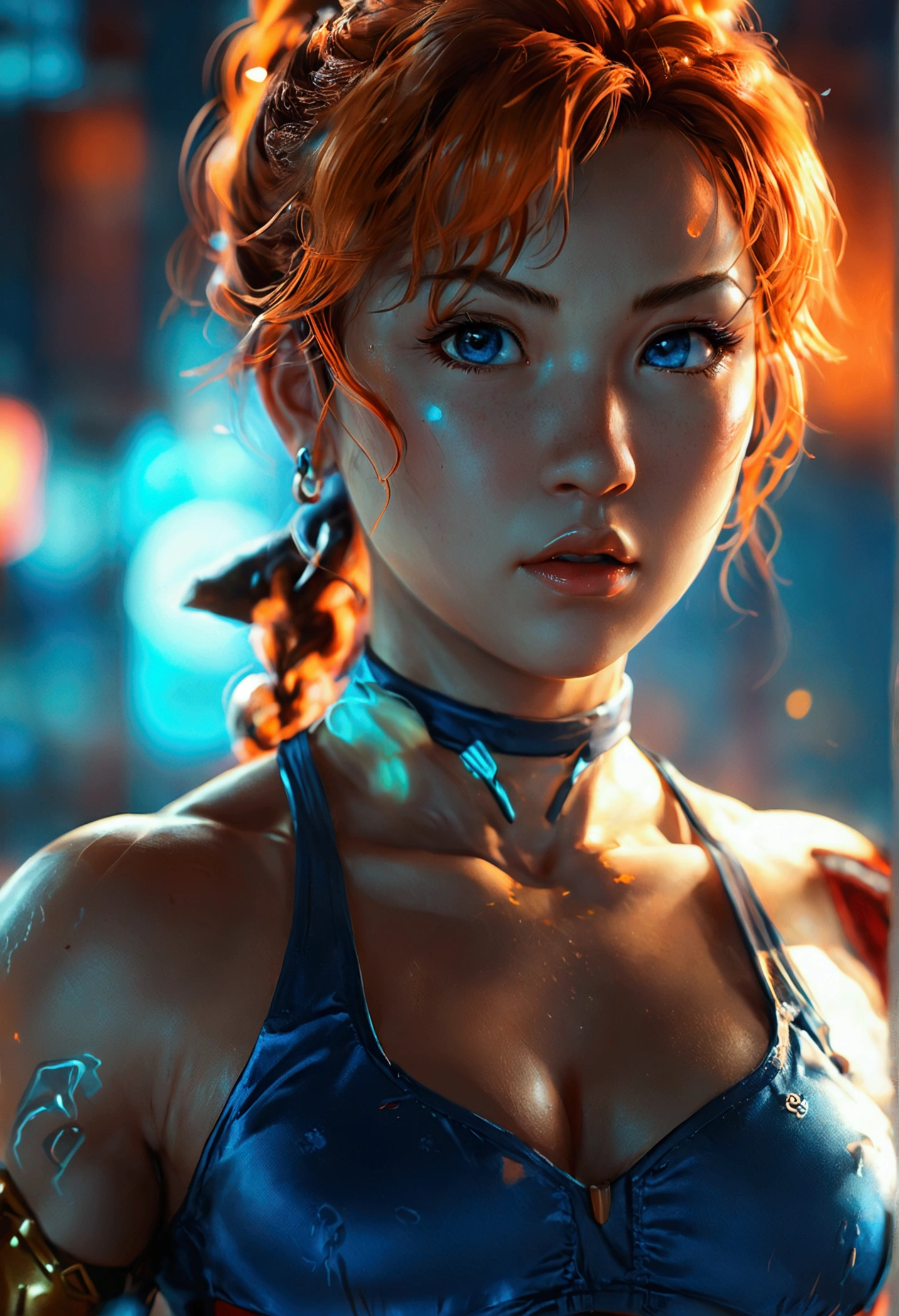 (best qualityer,8K,cinematic light,ultra-high resolution:1.2),chibi,whole body,1 girl,Chun-Li,Americans,curls,hair orange,athlete,blue clothing,simple background, neglect of nipples, age 6 years