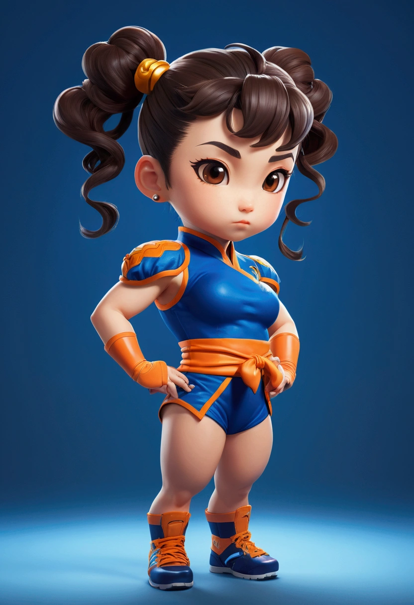 (best qualityer,8K,cinematic light,ultra-high resolution:1.2),chibi,whole body,1 girl,Chun-Li,Americans,curls,hair orange,athlete,blue clothing,simple background, neglect of nipples, age 6 years
