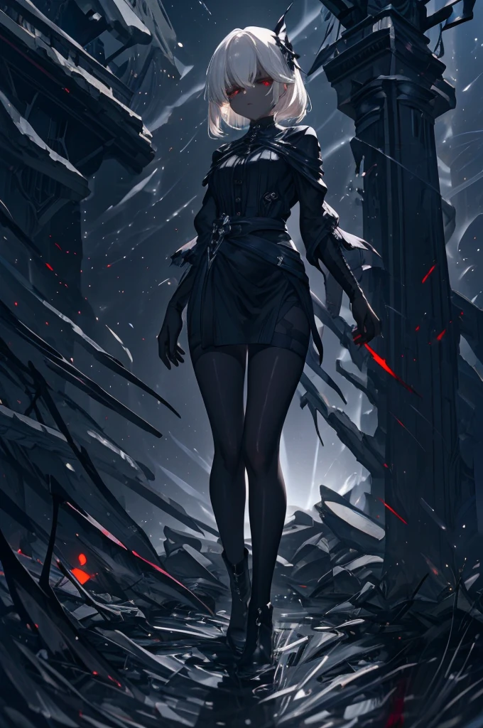 Girl, 20 years old, with long white hair down to below her waist, a serious yet tender expression, and red eyes. Her hair features black streaks. She wears antique-style clothing, a long black dress with a slit on the legs, and high black boots that almost reach her knees. Her power and background are related to shadows and darkness. 