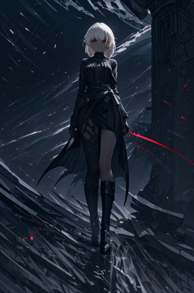 Girl, 20 years old, with long white hair down to below her waist, a serious yet tender expression, and red eyes. Her hair features black streaks. She wears antique-style clothing, a long black dress with a slit on the legs, and high black boots that almost reach her knees. Her power and background are related to shadows and darkness. 