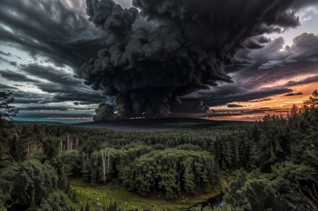 (((Masterpiece))), (high quality), (In the forest at dusk,The camera is in the forest:1.5),There are lots of big trees around,(It is surrounded by dozens of trees.:1.5),(Black clouds cover the sky:1.5),The Storm is Coming,There are large trees all around, and I&#39;m looking up at them.,Realistic