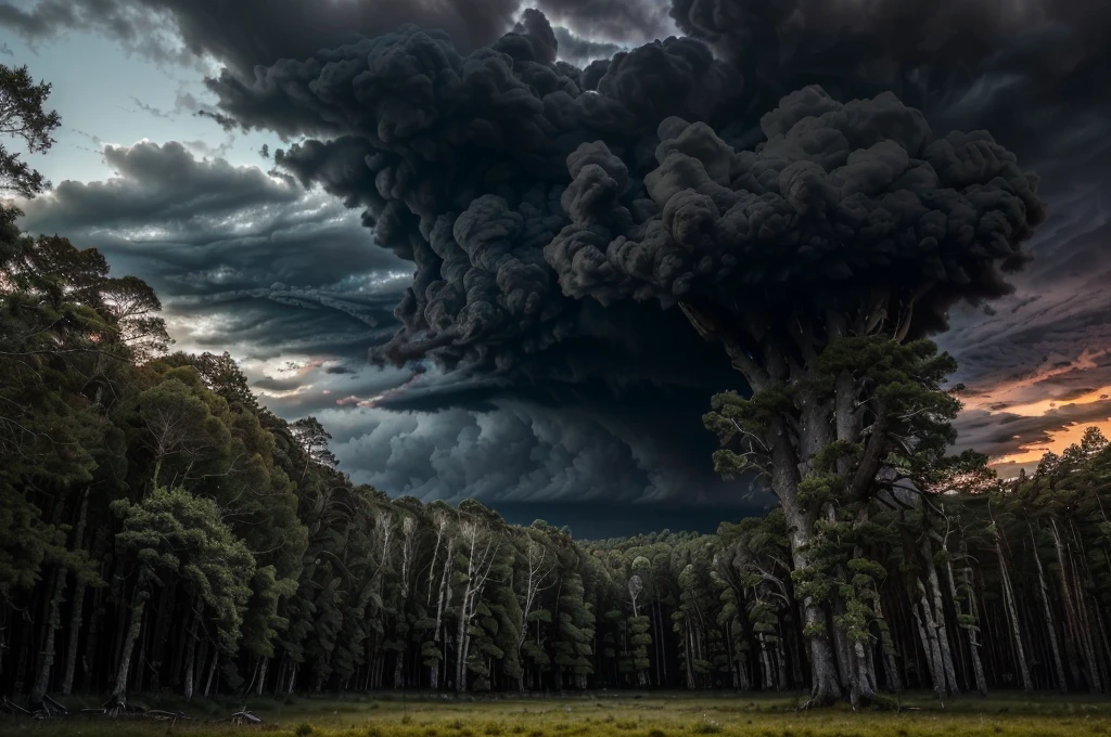 (((Masterpiece))), (high quality), (In the forest at dusk,The camera is in the forest:1.5),There are lots of big trees around,(It is surrounded by dozens of trees.:1.5),(Black clouds cover the sky:1.5),The Storm is Coming,There are large trees all around, and I'm looking up at them.,Realistic
