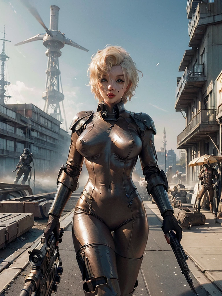 (Steampunk)(cybernetic Assassin woman (M_Monroe), 2 obviously steam driven limbs, seductive infiltration suit, big gun), airships berthed in drydock in background
