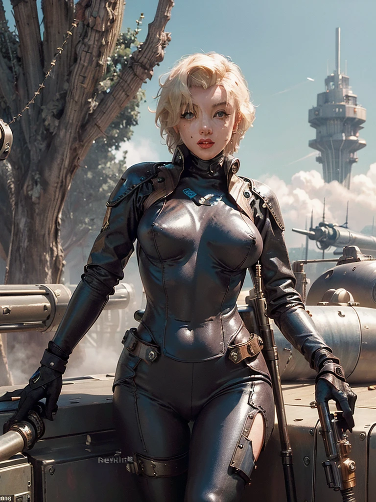 (Steampunk)(cybernetic Assassin woman (M_Monroe), 2 obviously steam driven limbs, seductive infiltration suit, big gun), airships berthed in drydock in background
