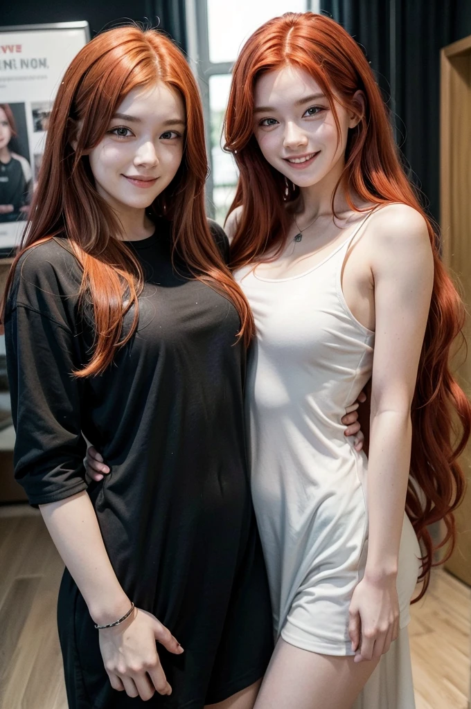 Draw two people, a man with long red hair, age 25, and a woman with short tomboy hair and red hair, both smiling at each other, posing for a photo