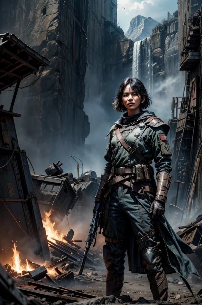 MariaCalavera, dark skin, black hair, short hair, silver eyes, military uniform, cowboy shot, (dynamic pose), (standing in aircraft scrapyard), in valley, BREAK mountains in background, waterfall, crowd, (crowd in military dress), post-apocalypse, dystopian future, bonfires, (volumetric lighting), intricate details, tonemapping, sharp focus, hyper detailed 