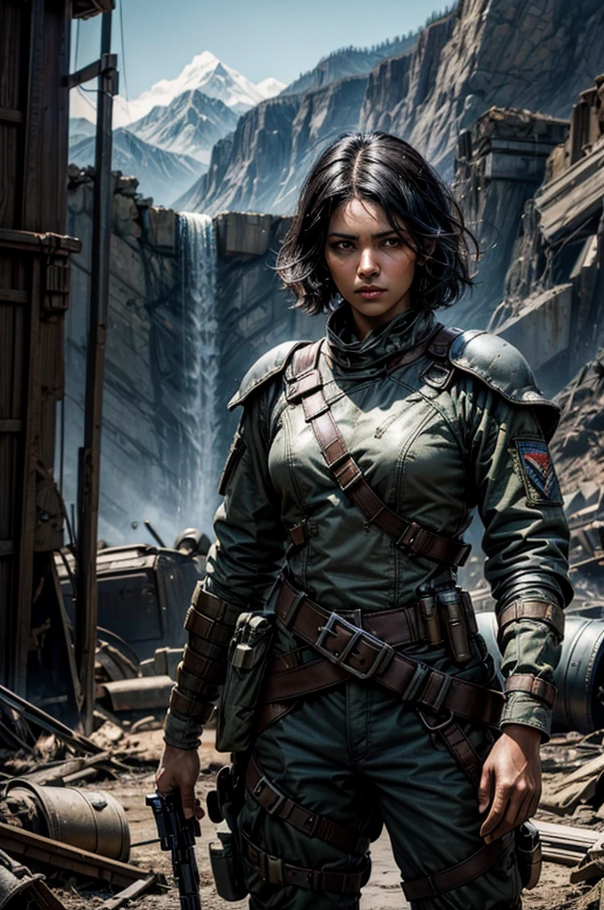 MariaCalavera, dark skin, black hair, short hair, silver eyes, military uniform, cowboy shot, (dynamic pose), (standing in aircraft scrapyard), in valley, BREAK mountains in background, waterfall, crowd, (crowd in military dress), post-apocalypse, dystopian future, bonfires, (volumetric lighting), intricate details, tonemapping, sharp focus, hyper detailed