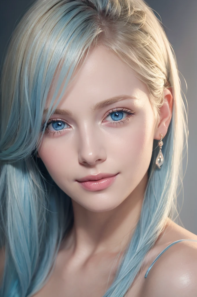 Soft portrait of a beautiful blonde woman, Flowing light blue hair, Captivating blue eyes, Delicate features, A radiant smile, Natural Makeup, Elegant attire, Gentle expression, A faint blush, Warm skin tones, Fantastic lighting, Soft Shadows, High resolution digital painting, Realistic Style, Artistic interpretation, By a skilled portrait painter.