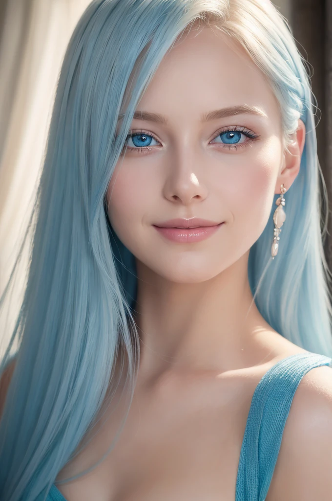 Soft portrait of a beautiful blonde woman, Flowing light blue hair, Captivating blue eyes, Delicate features, A radiant smile, Natural Makeup, Elegant attire, Gentle expression, A faint blush, Warm skin tones, Fantastic lighting, Soft Shadows, High resolution digital painting, Realistic Style, Artistic interpretation, By a skilled portrait painter.