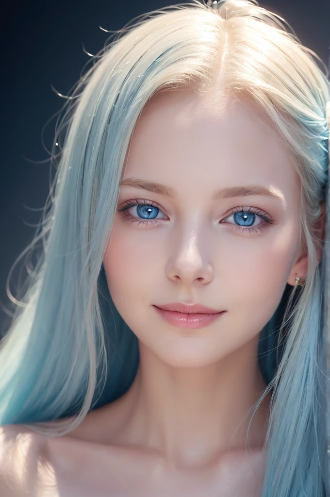 Soft portrait of a beautiful blonde woman, Flowing light blue hair, Captivating blue eyes, Delicate features, A radiant smile, Natural Makeup, Elegant attire, Gentle expression, A faint blush, Warm skin tones, Fantastic lighting, Soft Shadows, High resolution digital painting, Realistic Style, Artistic interpretation, By a skilled portrait painter.