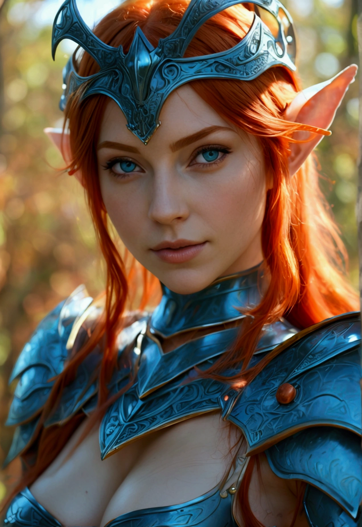 ​masterpiece, a beautiful elf, (delicate transparent armor), (medium breasts), beautiful facefucking face, (perfect body), (red hair), outside, (Skin texture:1.1), best quality, ultra high resolution, RAW-Foto, Nikon D850, Contre-Jour, rim light, bright sunlight, film grain:1.2, (warm hue, warmer Ton:1.2), (color photo), Fantasy, seethrough dress showing nipples, clit, cameltoe