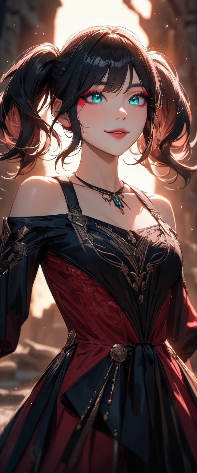 Photo of a woman with natural skin, ancient ruins, Upper Body, Smiling, High Twintails, Black hair with red mesh, Sharp eyes with red eyeshadow, Blue-green eyes, Shining eyes, A thin, upturned nose, Well-shaped lips, ((Black off-the-shoulder dress, Thin shoulder straps)), barefoot, Makeup, Exquisitely crafted with the utmost attention to detail, Vibrant, amazing, Smooth, Cinematic, 4K, Backlight, (()), Shallow depth of field, ((Detailed eyes:1.3, Detailed lips:1.3, high quality, )), masterpiece, Super detailed images, High quality
