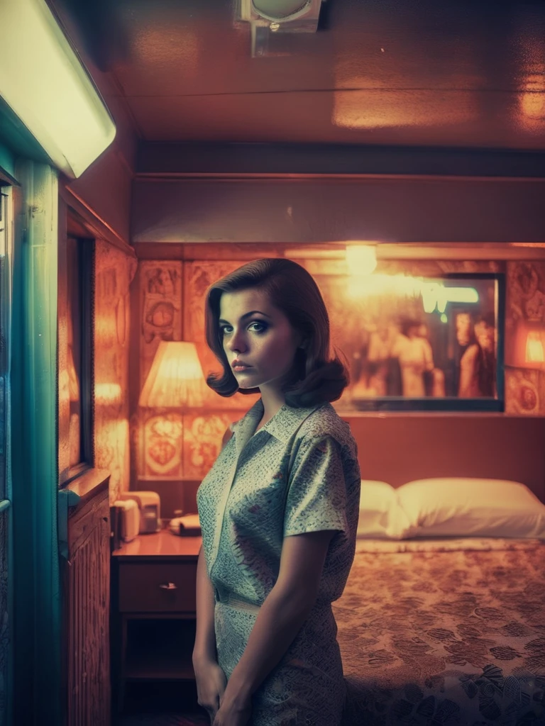 Photo of a young woman standing inside a motel room looking at the camera, from 1960s, 1960s interior with dim lighting, a window at her back, New York street at night and neon signs inside the window, night, realistic, cinematic