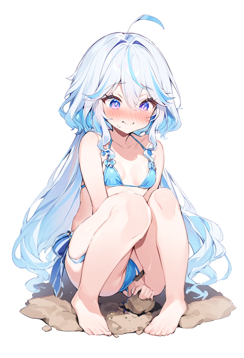 Freena、smile、Full body view、bikini、マイクロbikini、Embarrassing、Blushing、Digging into the crotch、Light blue hair