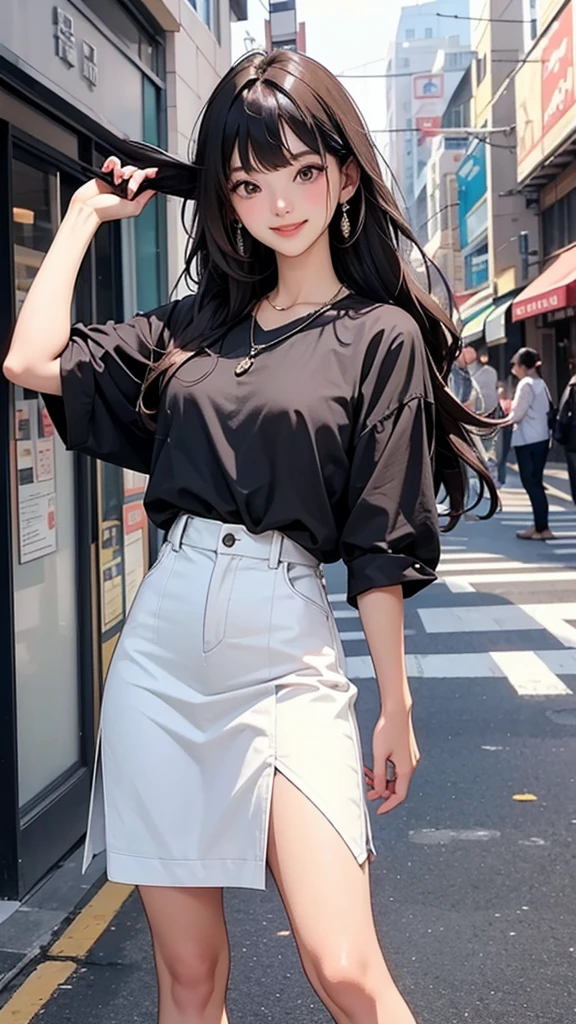 Woman in her 20s、Slim figure。Her hair is brownish black in color.、Long hair with bangs。With big double eyes、She has a smile that is overflowing with joy.。The outfit is feminine and suitable for a date.、Wearing a blouse and skirt。She wears a dainty necklace as an accessory.。The pose is of someone walking down the street。The background is the city during the day、The weather is fine。