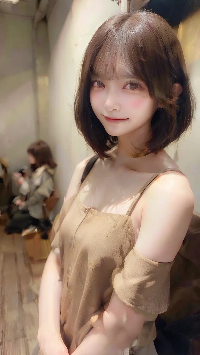 (((Straight shoulder-length brown mini bob hair)))、(((目が細くLight eye makeup)))、(((Standing alone on the rider'Jacket and jeans against the back alleys of Kabukicho at night.)))、(((Please wear clothes that cover your arms..)))、Half Japanese and half Korean、18-year-old girl、independent、Look forward、Light eye makeup、Brown Hair Color、flat 、Hair blowing in the wind、Quality of actress、Shiny, Ultra-realistic faces、smileの表情、Watery eyes、look up、Soothing lighting effects、 Ultra-Realistic Capture、Very detailed、High resolution 16k human skin closeup。Skin texture must be natural、Must be so detailed that pores are visible、skin is healthy、Must be of uniform tone、Use natural light and color、High quality photos taken by modeling agencies'Exclusive photographer、smile