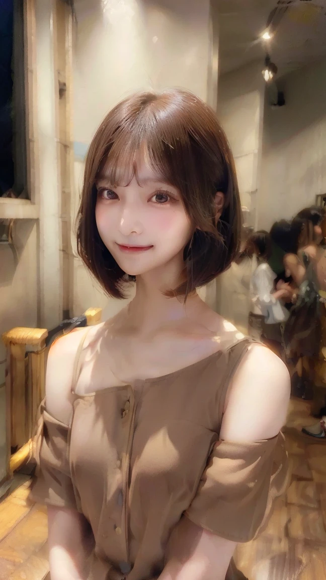 (((Straight shoulder-length brown mini bob hair)))、(((目が細くLight eye makeup)))、(((Standing alone on the rider&#39;Jacket and jeans against the back alleys of Kabukicho at night.)))、(((Please wear clothes that cover your arms..)))、Half Japanese and half Korean、18-year-old girl、independent、Look forward、Light eye makeup、Brown Hair Color、flat 、Hair blowing in the wind、Quality of actress、Shiny, Ultra-realistic faces、smileの表情、Watery eyes、look up、Soothing lighting effects、 Ultra-Realistic Capture、Very detailed、High resolution 16k human skin closeup。Skin texture must be natural、Must be so detailed that pores are visible、skin is healthy、Must be of uniform tone、Use natural light and color、High quality photos taken by modeling agencies&#39;Exclusive photographer、smile
