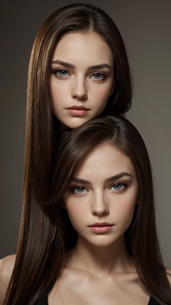 Portrait of a woman, European, attractive face, oval face, seductive eyes, slightly sad expression, long straight hair, frontal, gently arched eyebrows