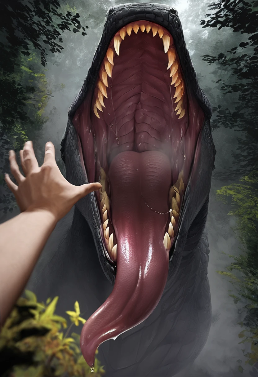 Dragon.Wild.Sharp teeth.Huge body.Approached.黒いmouth.Slimy Throat.scales.Red tongue.A slimy tongue licks me. mouth.Get on your tongue.Physical Difference.naked.Human first person perspective.Closing Arms.Stretch out one hand.A big tongue wraps around my arm.Dripping saliva.Evil yellow eyes staring.mouthが近づいてくる.Swallowed Whole.prey.Hot breath.差し迫ったSwallowed Whole.drool dripping. Shadows Spread.Hot breath.fog.A terrifying growl. Enveloped in darkness.Touching the tongue.Uplifting.forest.nature.Realistic.sense of distance.詳細なmouth内.(masterpiece.Highest quality.)