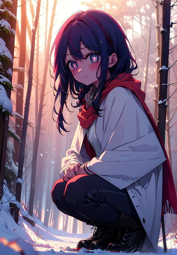 aihoshino, Ai Hoshino, Long Hair, bangs, (Purple eyes:1.1), Purple Hair, (Symbol-shaped pupil:1.5), smile,,smile,blush,White Breath,
Open your mouth,snow,Ground bonfire, Outdoor, boots, snowing, From the side, wood, suitcase, Cape, Blurred, , forest, White handbag, nature, Squat, Mouth closed, Cape, winter, Written boundary depth, Black shoes, red Cape break looking at viewer, Upper Body, whole body, break Outdoor, forest, nature, break (masterpiece:1.2), Highest quality, High resolution, unity 8k wallpaper, (shape:0.8), (Beautiful and beautiful eyes:1.6), Highly detailed face, Perfect lighting, Highly detailed CG, (Perfect hands, Perfect Anatomy),