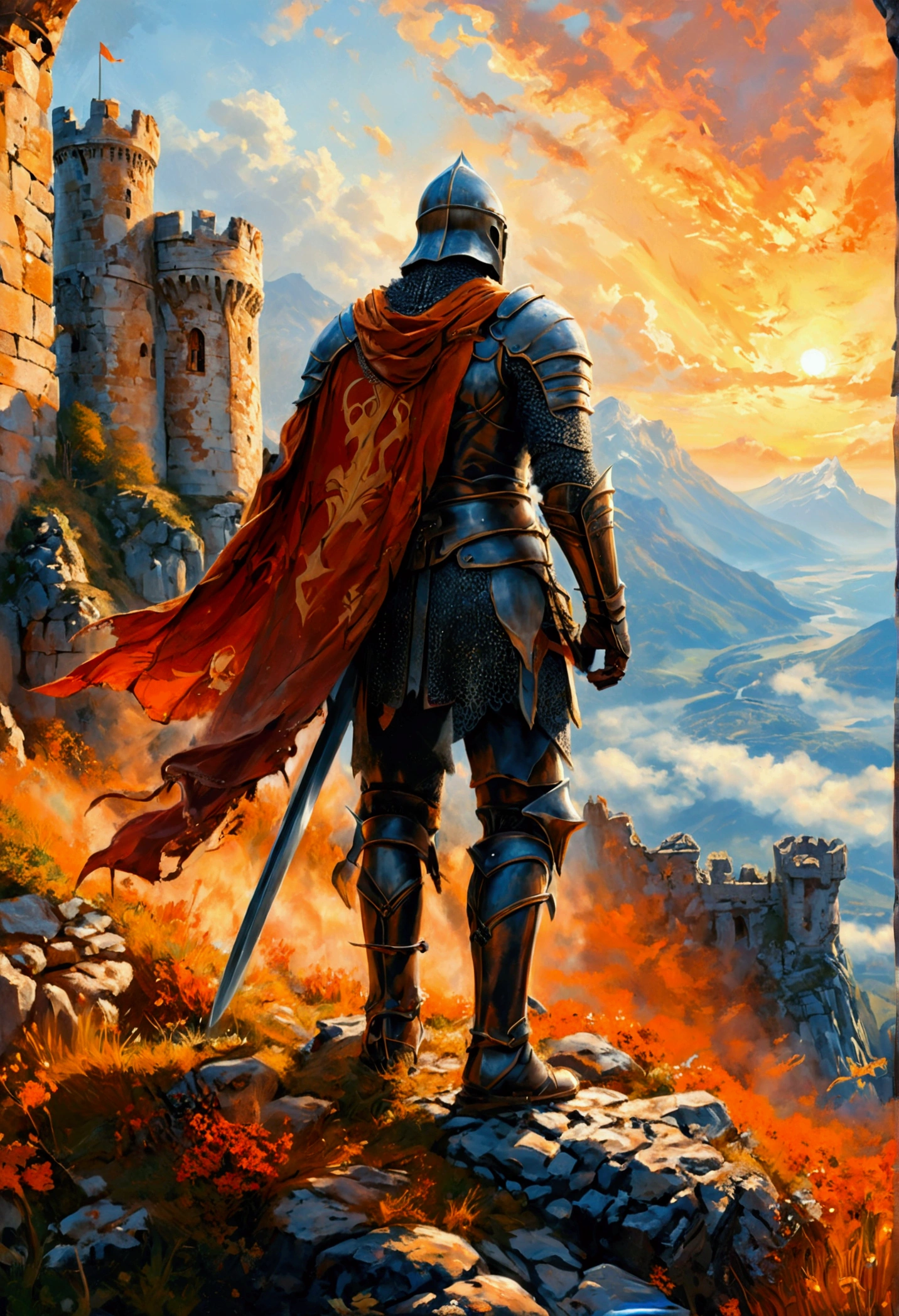 Medieval warrior in armor, wield a shining sword, Standing on top of a ruined castle tower. The armor is crafted with great attention to detail., It is decorated with intricate reliefs and patterns., And the sword reflects the sunlight, Shine with gold. The warrior looks to the horizon, Majestic mountain in orange sky々towering. The wind blows gently, Waving the castle's torn flag. Oil painting on canvas, Armor and spectacular settings recreated in minute detail,
