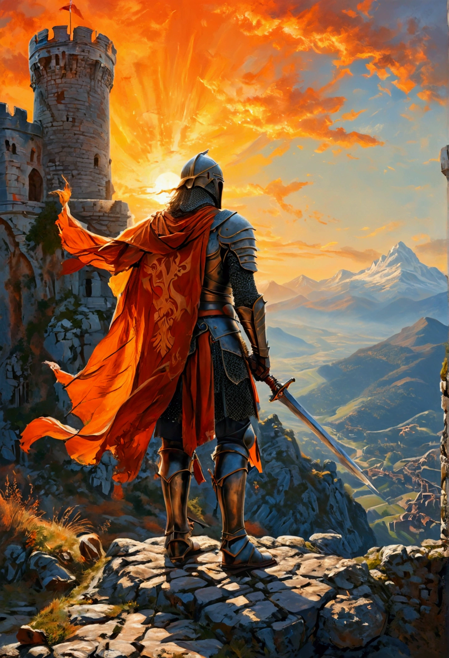 Medieval warrior in armor, wield a shining sword, Standing on top of a ruined castle tower. The armor is crafted with great attention to detail., It is decorated with intricate reliefs and patterns., And the sword reflects the sunlight, Shine with gold. The warrior looks to the horizon, Majestic mountain in orange sky々towering. The wind blows gently, Waving the castle&#39;s torn flag. Oil painting on canvas, Armor and spectacular settings recreated in minute detail,