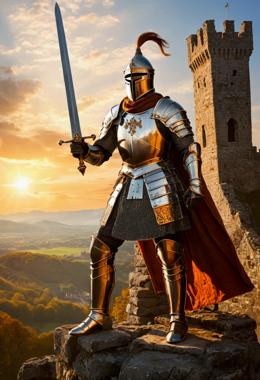 Medieval warrior in armor, wield a shining sword, Standing on top of a ruined castle tower. The armor is crafted with great attention to detail., It is decorated with intricate reliefs and patterns., And the sword reflects the sunlight, Shine with gold. The warrior looks to the horizon, Majestic mountain in orange sky々towering. The wind blows gently, Waving the castle&#39;s torn flag. Oil painting on canvas, Armor and spectacular settings recreated in minute detail,