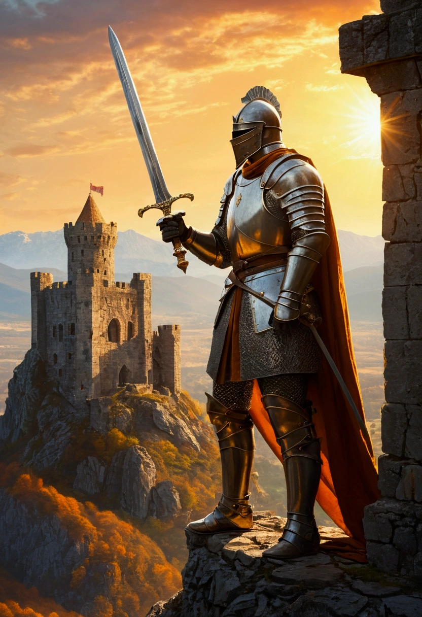 Medieval warrior in armor, wield a shining sword, Standing on top of a ruined castle tower. The armor is crafted with great attention to detail., It is decorated with intricate reliefs and patterns., And the sword reflects the sunlight, Shine with gold. The warrior looks to the horizon, Majestic mountain in orange sky々towering. The wind blows gently, Waving the castle's torn flag. Oil painting on canvas, Armor and spectacular settings recreated in minute detail,