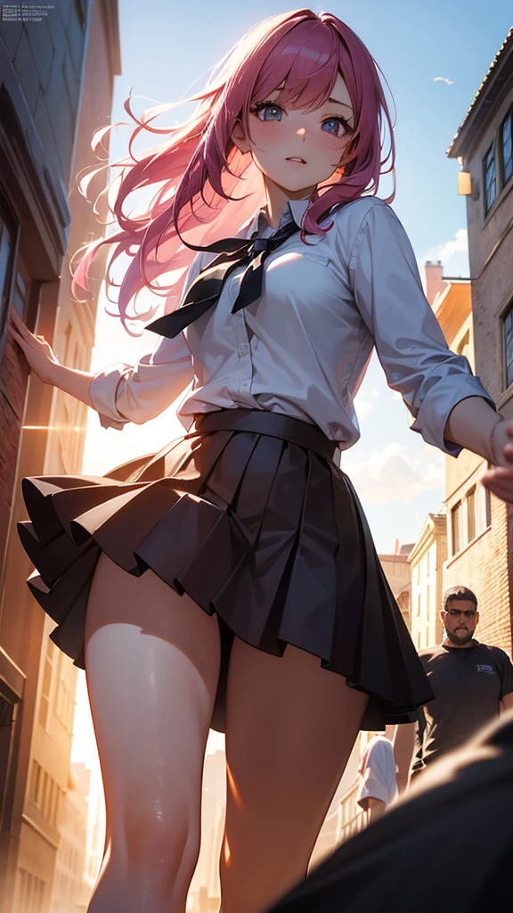 a masterpiece, best quality, highres, absurdres, 1girl, crowd, skirt, wind blowing skirt up, laced underwear, pink hair, marin kitagawa, from below, revealing clothes, skindentation, outdoors, sunlight, street, looking at viewer, blush, detailed face, beautiful detailed eyes, beautiful detailed lips, extremely detailed face, long eyelashes, cinematic lighting, depth of field, volumetric lighting, photorealistic, digital painting, concept art, vibrant colors, dynamic pose