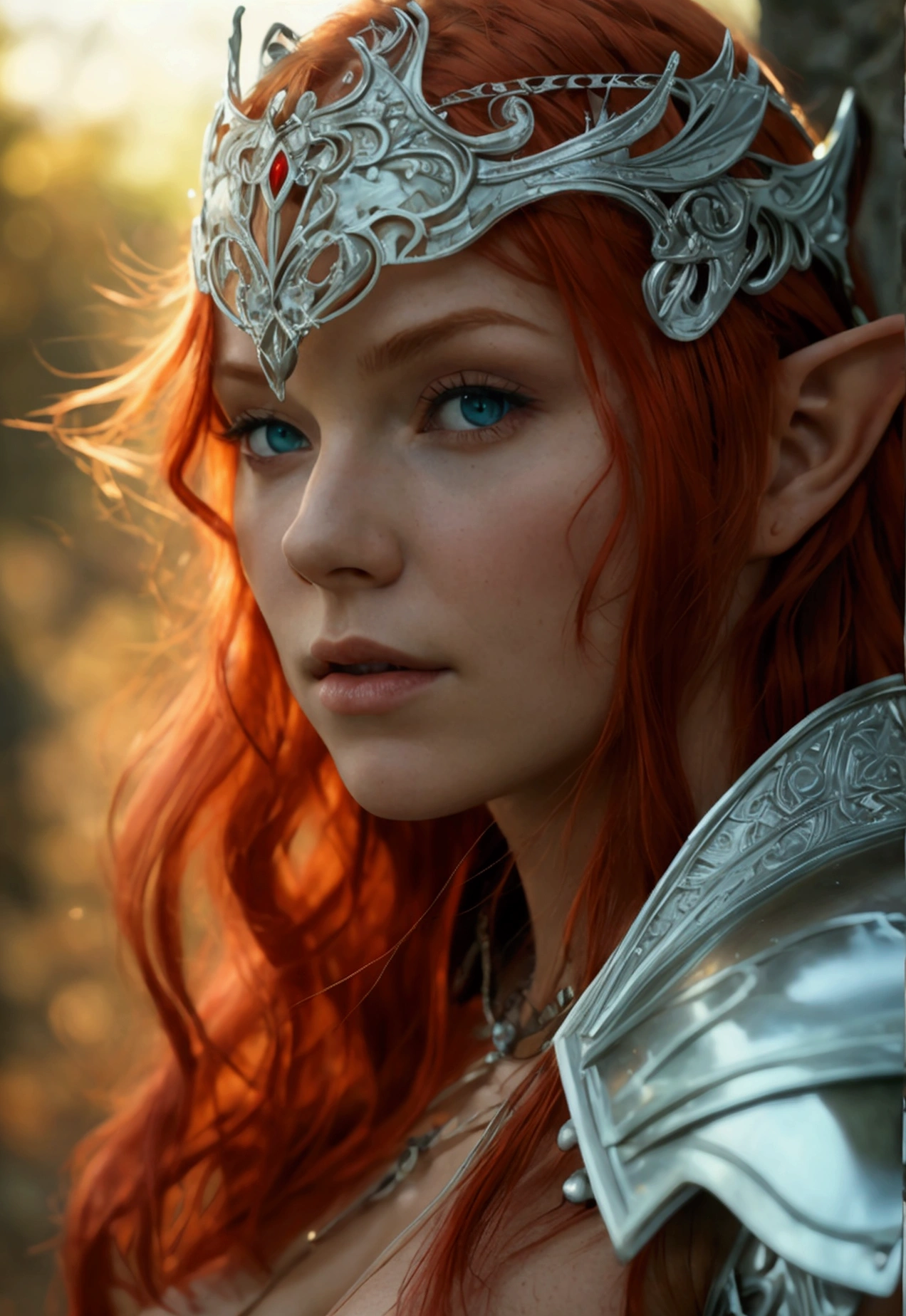 ​masterpiece, a beautiful elf, (delicate transparent armor), (medium breasts), beautiful facefucking face, (perfect body), (red hair), outside, (Skin texture:1.1), best quality, ultra high resolution, RAW-Foto, Nikon D850, Contre-Jour, rim light, bright sunlight, film grain:1.2, (warm hue, warmer Ton:1.2), (color photo), Fantasy, seethrough dress showing nipples, clit, cameltoe