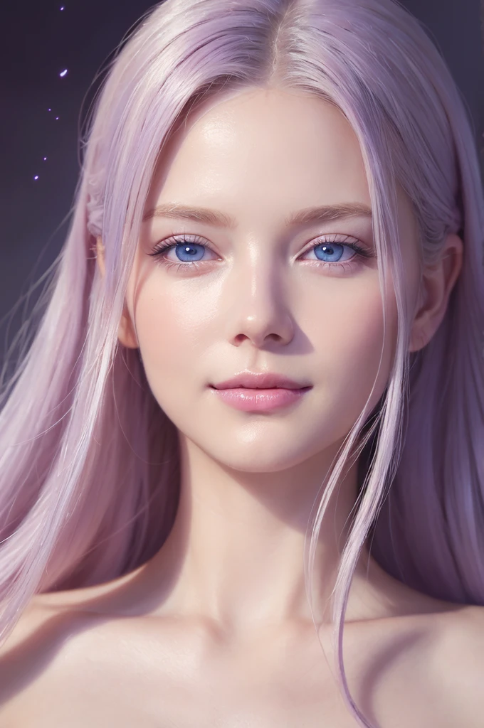 Soft portrait of a beautiful blonde woman, Flowing light purple hair, Captivating blue eyes, Delicate features, A radiant smile, Natural Makeup, Elegant attire, Gentle expression, A faint blush, Warm skin tones, Fantastic lighting, Soft Shadows, High resolution digital painting, Realistic Style, Artistic interpretation, By a skilled portrait painter.