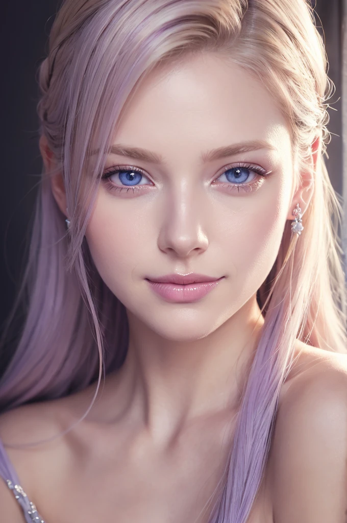 Soft portrait of a beautiful blonde woman, Flowing light purple hair, Captivating blue eyes, Delicate features, A radiant smile, Natural Makeup, Elegant attire, Gentle expression, A faint blush, Warm skin tones, Fantastic lighting, Soft Shadows, High resolution digital painting, Realistic Style, Artistic interpretation, By a skilled portrait painter.