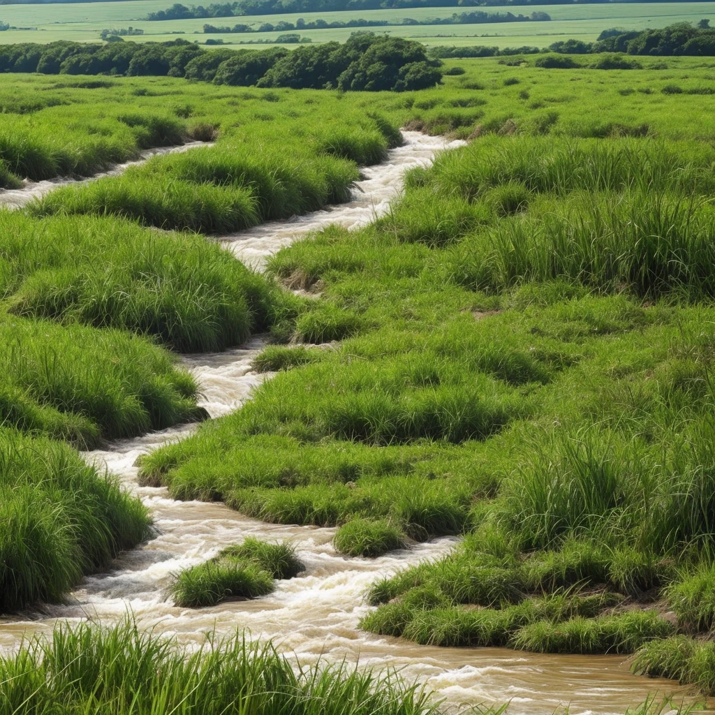 a close up of a river running through a lush green field, marshes, marsh, marsh vegetation, twisted waterway, by Carl Rahl, vibrant but dreary gold, by John Ellsworth Weis, by Jim Manley, by Greg Spalenka, grass and water, by Samuel Birmann, by David Garner, by Richard Hess, by Richard Gruelle