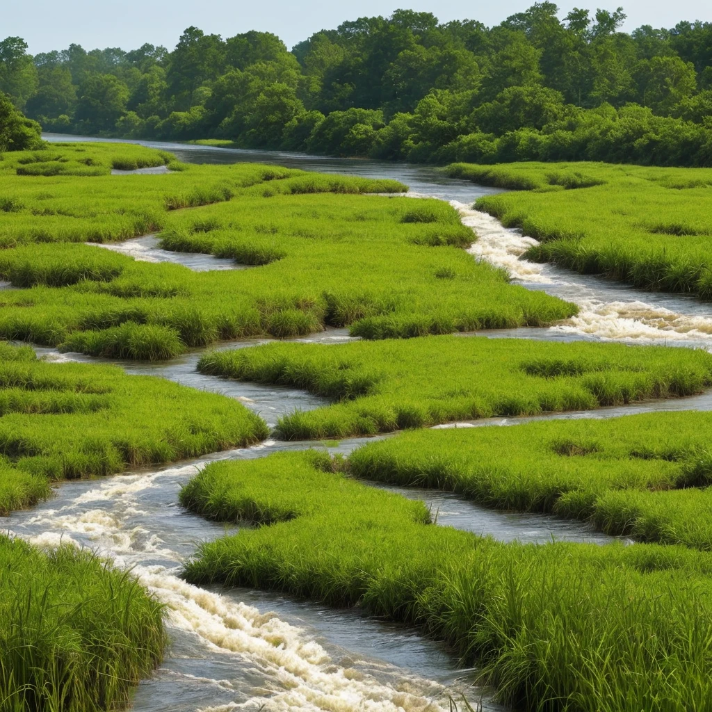 a close up of a river running through a lush green field, marshes, marsh, marsh vegetation, twisted waterway, by Carl Rahl, vibrant but dreary gold, by John Ellsworth Weis, by Jim Manley, by Greg Spalenka, grass and water, by Samuel Birmann, by David Garner, by Richard Hess, by Richard Gruelle
